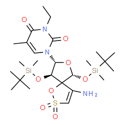ChemSpider 2D Image | 1-[(6R,8R,9R)-4-Amino-6,9-bis{[dimethyl(2-methyl-2-propanyl)silyl]oxy}-2,2-dioxido-1,7-dioxa-2-thiaspiro[4.4]non-3-en-8-yl]-3-ethyl-5-methyl-2,4(1H,3H)-pyrimidinedione | C25H45N3O8SSi2