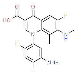 ChemSpider 2D Image | 1-(5-amino-2,4-difluorophenyl)-6-fluoro-8-methyl-7-methylamino-4-oxo-1,4-dihydroquinoline-3-carboxylic acid | C18H14F3N3O3