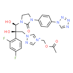 ChemSpider 2D Image | 4-(Acetoxymethyl)-1-[(2R,3R)-2-(2,4-difluorophenyl)-2,3-dihydroxy-3-{2-oxo-3-[4-(1H-tetrazol-1-yl)phenyl]-1-imidazolidinyl}propyl]-1H-1,2,4-triazol-4-ium | C24H24F2N9O5
