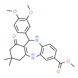 ChemSpider 2D Image | Methyl 11-(3,4-dimethoxyphenyl)-3,3-dimethyl-1-oxo-2,3,4,5,10,11-hexahydro-1H-dibenzo[b,e][1,4]diazepine-7-carboxylate | C25H28N2O5