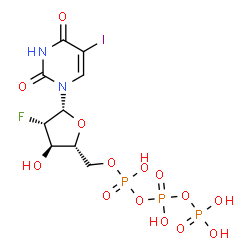 ChemSpider 2D Image | 1-[2-Deoxy-2-fluoro-5-O-(hydroxy{[hydroxy(phosphonooxy)phosphoryl]oxy}phosphoryl)-beta-D-arabinofuranosyl]-5-iodo-2,4(1H,3H)-pyrimidinedione | C9H13FIN2O14P3
