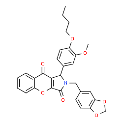 ChemSpider 2D Image | 2-(1,3-Benzodioxol-5-ylmethyl)-1-(4-butoxy-3-methoxyphenyl)-1,2-dihydrochromeno[2,3-c]pyrrole-3,9-dione | C30H27NO7