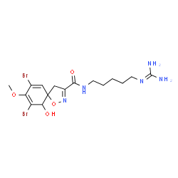 ChemSpider 2D Image | 7,9-Dibromo-N-{5-[(diaminomethylene)amino]pentyl}-10-hydroxy-8-methoxy-1-oxa-2-azaspiro[4.5]deca-2,6,8-triene-3-carboxamide | C16H23Br2N5O4