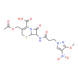 ChemSpider 2D Image | 3-(Acetoxymethyl)-7-{[3-(3-methoxy-4-nitro-1H-pyrazol-1-yl)propanoyl]amino}-8-oxo-5-thia-1-azabicyclo[4.2.0]oct-2-ene-2-carboxylic acid | C17H19N5O9S