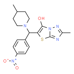 ChemSpider 2D Image | 2-Methyl-5-[(4-methyl-1-piperidinyl)(4-nitrophenyl)methyl][1,3]thiazolo[3,2-b][1,2,4]triazol-6-ol | C18H21N5O3S
