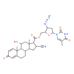 ChemSpider 2D Image | 1-{3-Azido-5-O-[(16-cyano-11-hydroxy-3-oxoandrosta-1,4-dien-17-yl)carbonyl]-2,3-dideoxypentofuranosyl}-5-methyl-2,4(1H,3H)-pyrimidinedione | C31H36N6O7