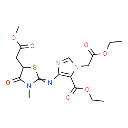 ChemSpider 2D Image | Ethyl 1-(2-ethoxy-2-oxoethyl)-4-{[5-(2-methoxy-2-oxoethyl)-3-methyl-4-oxo-1,3-thiazolidin-2-ylidene]amino}-1H-imidazole-5-carboxylate | C17H22N4O7S
