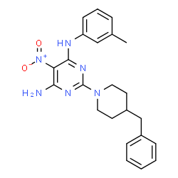 ChemSpider 2D Image | 2-(4-Benzyl-1-piperidinyl)-N-(3-methylphenyl)-5-nitro-4,6-pyrimidinediamine | C23H26N6O2