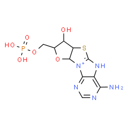 ChemSpider 2D Image | 4-Amino-7-hydroxy-8-[(phosphonooxy)methyl]-6a,7,8,9a-tetrahydro-5H-furo[2',3':4,5][1,3]thiazolo[3,2-e]purin-10-ium | C10H13N5O6PS