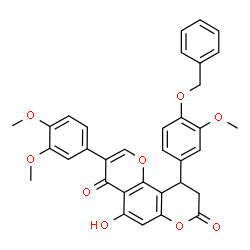 ChemSpider 2D Image | 10-[4-(Benzyloxy)-3-methoxyphenyl]-3-(3,4-dimethoxyphenyl)-5-hydroxy-9,10-dihydro-4H,8H-pyrano[2,3-f]chromene-4,8-dione | C34H28O9