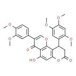 ChemSpider 2D Image | 3-(3,4-Dimethoxyphenyl)-5-hydroxy-10-(2,4,5-trimethoxyphenyl)-9,10-dihydro-4H,8H-pyrano[2,3-f]chromene-4,8-dione | C29H26O10