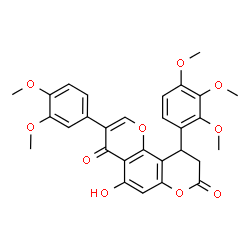ChemSpider 2D Image | 3-(3,4-Dimethoxyphenyl)-5-hydroxy-10-(2,3,4-trimethoxyphenyl)-9,10-dihydro-4H,8H-pyrano[2,3-f]chromene-4,8-dione | C29H26O10