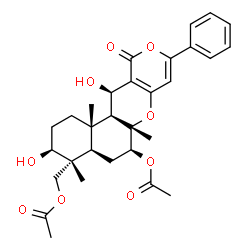 ChemSpider 2D Image | [(3S,4R,4aR,6S,6aS,12R,12aS,12bS)-6-Acetoxy-3,12-dihydroxy-4,6a,12b-trimethyl-11-oxo-9-phenyl-1,3,4,4a,5,6,6a,12,12a,12b-decahydro-2H,11H-benzo[f]pyrano[4,3-b]chromen-4-yl]methyl acetate | C30H36O9