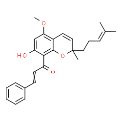 ChemSpider 2D Image | 1-[7-Hydroxy-5-methoxy-2-methyl-2-(4-methyl-3-penten-1-yl)-2H-chromen-8-yl]-3-phenyl-2-propen-1-one | C26H28O4