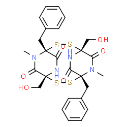 ChemSpider 2D Image | (1R,4R,7R,10R)-4,10-Dibenzyl-1,7-bis(hydroxymethyl)-5,11-dimethyl-2,3,8,9-tetrathia-5,11,13,15-tetraazatricyclo[8.2.2.2~4,7~]hexadecane-6,12,14,16-tetrone | C26H28N4O6S4