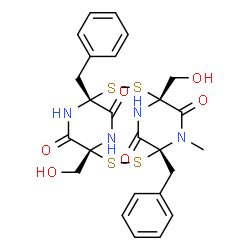 ChemSpider 2D Image | (1R,4R,7R,10R)-4,10-Dibenzyl-1,7-bis(hydroxymethyl)-5-methyl-2,3,8,9-tetrathia-5,11,13,15-tetraazatricyclo[8.2.2.2~4,7~]hexadecane-6,12,14,16-tetrone | C25H26N4O6S4