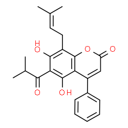 ChemSpider 2D Image | 5,7-Dihydroxy-6-isobutyryl-8-(3-methyl-2-buten-1-yl)-4-phenyl-2H-chromen-2-one | C24H24O5