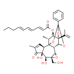 ChemSpider 2D Image | (1R,2R,6S,7S,8R,10S,11S,12R,16S,17R,18R)-6,7-Dihydroxy-8-(hydroxymethyl)-16-isopropenyl-4,18-dimethyl-5-oxo-14-phenyl-9,13,15,19-tetraoxahexacyclo[12.4.1.0~1,11~.0~2,6~.0~8,10~.0~12,16~]nonadec-3-en-1
7-yl (2E,4E,6E)-2,4,6-decatrienoate | C37H42O10