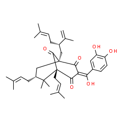 ChemSpider 2D Image | (1S,3Z,5R,7R)-3-[(3,4-Dihydroxyphenyl)(hydroxy)methylene]-1-[(2S)-2-isopropenyl-5-methyl-4-hexen-1-yl]-6,6-dimethyl-5,7-bis(3-methyl-2-buten-1-yl)bicyclo[3.3.1]nonane-2,4,9-trione | C38H50O6