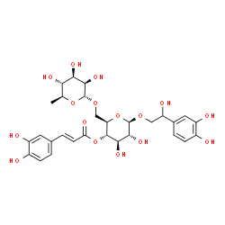 ChemSpider 2D Image | 2-(3,4-Dihydroxyphenyl)-2-hydroxyethyl 6-O-(6-deoxy-alpha-L-mannopyranosyl)-4-O-[(2E)-3-(3,4-dihydroxyphenyl)-2-propenoyl]-beta-D-glucopyranoside | C29H36O16