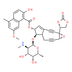 ChemSpider 2D Image | (1aS,5R,6R,9aR)-6-{[2,6-Dideoxy-2-(methylamino)-alpha-D-galactopyranosyl]oxy}-1a-[(4R)-2-oxo-1,3-dioxolan-4-yl]-2,3,8,9-tetradehydro-1a,5,6,6a,7,9a-hexahydrocyclopenta[5,6]cyclonona[1,2-b]oxiren-5-yl 2-hydroxy-7-methoxy-5-methyl-1-naphthoate | C35H35NO12