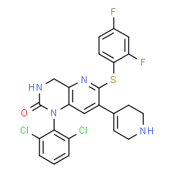 ChemSpider 2D Image | 1-(2,6-Dichlorophenyl)-6-[(2,4-difluorophenyl)sulfanyl]-7-(1,2,3,6-tetrahydro-4-pyridinyl)-3,4-dihydropyrido[3,2-d]pyrimidin-2(1H)-one | C24H18Cl2F2N4OS