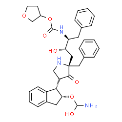 ChemSpider 2D Image | Tetrahydro-3-furanyl {(2S,3S)-4-[(2S,4S)-4-{(1S,2R)-2-[amino(hydroxy)methoxy]-2,3-dihydro-1H-inden-1-yl}-2-benzyl-3-oxo-2-pyrrolidinyl]-3-hydroxy-1-phenyl-2-butanyl}carbamate | C36H43N3O7