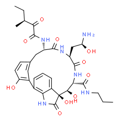 ChemSpider 2D Image | (10S,11R,12S,15S,18S)-15-[(2S)-2-Amino-2-hydroxyethyl]-10,11,23-trihydroxy-18-{[(3S)-3-methyl-2-oxopentanoyl]amino}-9,14,17-trioxo-N-propyl-8,13,16-triazatetracyclo[18.3.1.0~2,7~.0~6,10~]tetracosa-1(2
4),2,4,6,20,22-hexaene-12-carboxamide | C33H42N6O10