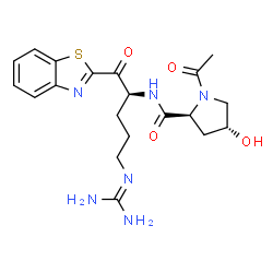 ChemSpider 2D Image | (4R)-1-acetyl-N-[(2S)-1-(1,3-benzothiazol-2-yl)-5-carbamimidamido-1-oxopentan-2-yl]-4-hydroxy-L-prolinamide | C20H26N6O4S