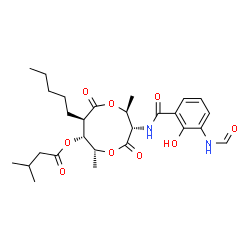 ChemSpider 2D Image | (2S,3S,6R,7R,8R)-3-[(3-Formamido-2-hydroxybenzoyl)amino]-2,6-dimethyl-4,9-dioxo-8-pentyl-1,5-dioxonan-7-yl 3-methylbutanoate | C27H38N2O9