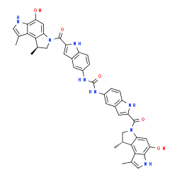 ChemSpider 2D Image | 1,3-Bis(2-{[(1S)-5-hydroxy-1,8-dimethyl-1,6-dihydropyrrolo[3,2-e]indol-3(2H)-yl]carbonyl}-1H-indol-5-yl)urea | C43H38N8O5