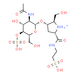 ChemSpider 2D Image | (2R,3S,5S)-2-(Hydroxymethyl)-5-[(2-sulfoethyl)carbamoyl]-3-pyrrolidiniumyl 2-acetamido-2-deoxy-4-O-sulfo-beta-D-glucopyranoside | C16H30N3O14S2