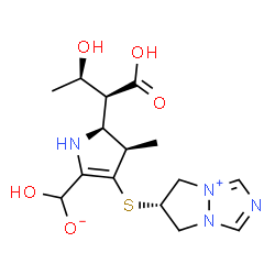 ChemSpider 2D Image | {(4R,5S)-5-[(1S,2R)-1-Carboxy-2-hydroxypropyl]-3-[(6S)-6,7-dihydro-5H-pyrazolo[1,2-a][1,2,4]triazol-4-ium-6-ylsulfanyl]-4-methyl-4,5-dihydro-1H-pyrrol-2-yl}(hydroxy)methanolate | C15H22N4O5S