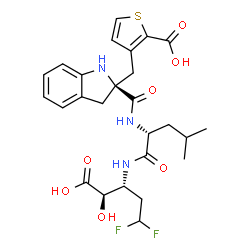 ChemSpider 2D Image | 3-{[(2S)-2-{[(2R)-1-{[(1R,2R)-1-Carboxy-4,4-difluoro-1-hydroxy-2-butanyl]amino}-4-methyl-1-oxo-2-pentanyl]carbamoyl}-2,3-dihydro-1H-indol-2-yl]methyl}-2-thiophenecarboxylic acid | C26H31F2N3O7S