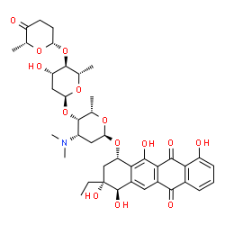 ChemSpider 2D Image | (1S,3R,4R)-3-Ethyl-3,4,10,12-tetrahydroxy-6,11-dioxo-1,2,3,4,6,11-hexahydro-1-tetracenyl 2,3,6-trideoxy-4-O-{2,6-dideoxy-4-O-[(2R,6R)-6-methyl-5-oxotetrahydro-2H-pyran-2-yl]-alpha-L-arabino-hexopyrano
syl}-3-(dimethylamino)-alpha-L-lyxo-hexopyranoside | C40H51NO14