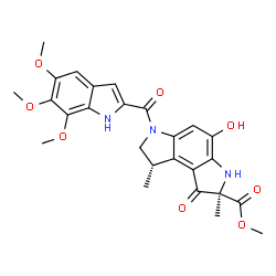 ChemSpider 2D Image | Methyl (2R,8S)-4-hydroxy-2,8-dimethyl-1-oxo-6-[(5,6,7-trimethoxy-1H-indol-2-yl)carbonyl]-1,2,3,6,7,8-hexahydropyrrolo[3,2-e]indole-2-carboxylate | C26H27N3O8