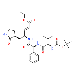 ChemSpider 2D Image | Ethyl (2E,4S)-4-({(2S)-2-[(N-{[(2-methyl-2-propanyl)oxy]carbonyl}-L-valyl)amino]-2-phenylacetyl}amino)-5-[(3S)-2-oxo-3-pyrrolidinyl]-2-pentenoate | C29H42N4O7