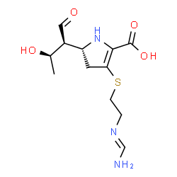 ChemSpider 2D Image | (5r)-5-[(1s,2r)-1-Formyl-2-Hydroxypropyl]-3-[(2-{[(E)-Iminomethyl]amino}ethyl)sulfanyl]-4,5-Dihydro-1h-Pyrrole-2-Carboxylic Acid | C12H19N3O4S