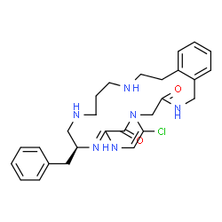 ChemSpider 2D Image | (20S)-20-Benzyl-25-chloro-1,4,14,18,21,23-hexaazatricyclo[20.3.1.0~6,11~]hexacosa-6,8,10,21,24-pentaene-3,26-dione | C27H33ClN6O2