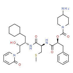 ChemSpider 2D Image | (2S)-1-{[(2R)-1-{[(2S,3S)-1-Cyclohexyl-3-hydroxy-4-(2-oxo-1(2H)-pyridinyl)-2-butanyl]amino}-3-(methylsulfanyl)-1-oxo-2-propanyl]amino}-1-oxo-3-phenyl-2-propanyl 4-amino-1-piperidinecarboxylate | C34H49N5O6S