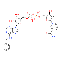 ChemSpider 2D Image | [[(2R,3S,4R,5R)-5-[6-(benzylamino)purin-9-yl]-3,4-dihydroxy-tetrahydrofuran-2-yl]methoxy-hydroxy-phosphoryl] [(2R,3S,4R,5R)-5-(3-carbamoylpyridin-1-ium-1-yl)-3,4-dihydroxy-tetrahydrofuran-2-yl]methyl phosphate | C28H33N7O14P2