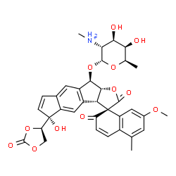 ChemSpider 2D Image | (3S,3aS,5R,9R,9aR)-5-Hydroxy-7'-methoxy-5'-methyl-2,2'-dioxo-5-[(4R)-2-oxo-1,3-dioxolan-4-yl]-3a,5,9,9a-tetrahydro-2'H-spiro[s-indaceno[2,1-b]furan-3,1'-naphthalen]-9-yl 2,6-dideoxy-2-(methylammonio)-
alpha-D-galactopyranoside | C35H36NO12