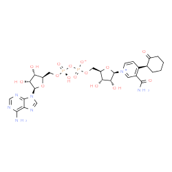 ChemSpider 2D Image | [[(2R,3S,4R,5R)-5-(6-aminopurin-9-yl)-3,4-dihydroxy-tetrahydrofuran-2-yl]methoxy-hydroxy-phosphoryl] [(2R,3S,4R,5R)-5-[3-carbamoyl-4-[(1S)-2-oxocyclohexyl]pyridin-1-ium-1-yl]-3,4-dihydroxy-tetrahydrofuran-2-yl]methyl phosphate | C27H35N7O15P2