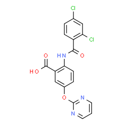 ChemSpider 2D Image | 2-[(2,4-Dichlorobenzoyl)amino]-5-(2-pyrimidinyloxy)benzoic acid | C18H11Cl2N3O4