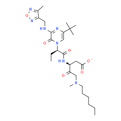 ChemSpider 2D Image | (3S)-5-[Hexyl(methyl)amino]-3-({(2S)-2-[3-{[(4-methyl-1,2,5-oxadiazol-3-yl)methyl]amino}-5-(2-methyl-2-propanyl)-2-oxo-1(2H)-pyrazinyl]butanoyl}amino)-4-oxopentanoate | C28H44N7O6