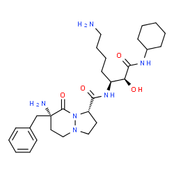 ChemSpider 2D Image | (1s,7s)-7-Amino-N-[(2r,3s)-7-Amino-1-(Cyclohexylamino)-2-Hydroxy-1-Oxoheptan-3-Yl]-7-Benzyl-8-Oxohexahydro-1h-Pyrazolo[1,2-A]pyridazine-1-Carboxamide | C28H44N6O4