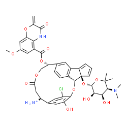 ChemSpider 2D Image | (3R,4R,14R,19S)-22-Chloro-4-{[(2S,3R,4R,5S)-5-(dimethylamino)-3,4-dihydroxy-6,6-dimethyltetrahydro-2H-pyran-2-yl]oxy}-23-hydroxy-14-{[(7-methoxy-2-methylene-3-oxo-3,4-dihydro-2H-1,4-benzoxazin-5-yl)ca
rbonyl]oxy}-17-oxo-2,16-dioxapentacyclo[18.2.2.1~9,13~.0~3,10~.0~4,8~]pentacosa-1(22),5,7,9(25),10,12,20,23-octaen-19-aminium | C43H45ClN3O13