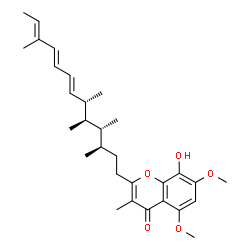 ChemSpider 2D Image | 8-Hydroxy-5,7-dimethoxy-3-methyl-2-[(3R,4R,5R,6S,7E,9E,11E)-3,4,5,6,11-pentamethyl-7,9,11-tridecatrien-1-yl]-4H-chromen-4-one | C30H42O5