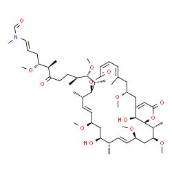 ChemSpider 2D Image | N-{(1E,4R,5R,9S,10S,11S)-11-[(3R,5E,7Z,11S,12S,13E,15R,17S,18S,19E,21S,23S,24R,25S,29S)-17,29-Dihydroxy-3,15,21,23-tetramethoxy-5,12,18,24-tetramethyl-9,27-dioxo-10,26-dioxabicyclo[23.3.1]nonacosa-1(2
8),5,7,13,19-pentaen-11-yl]-4,10-dimethoxy-5,9-dimethyl-6-oxo-1-dodecen-1-yl}-N-methylformamide | C53H85NO14