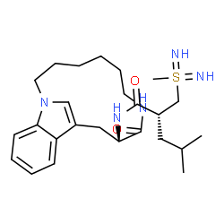 ChemSpider 2D Image | (2S)-4-Methyl-2-[(S-methylsulfonodiimidoyl)methyl]-N-[(10S)-9-oxo-1,8-diazatricyclo[10.6.1.0~13,18~]nonadeca-12(19),13,15,17-tetraen-10-yl]pentanamide | C25H39N5O2S